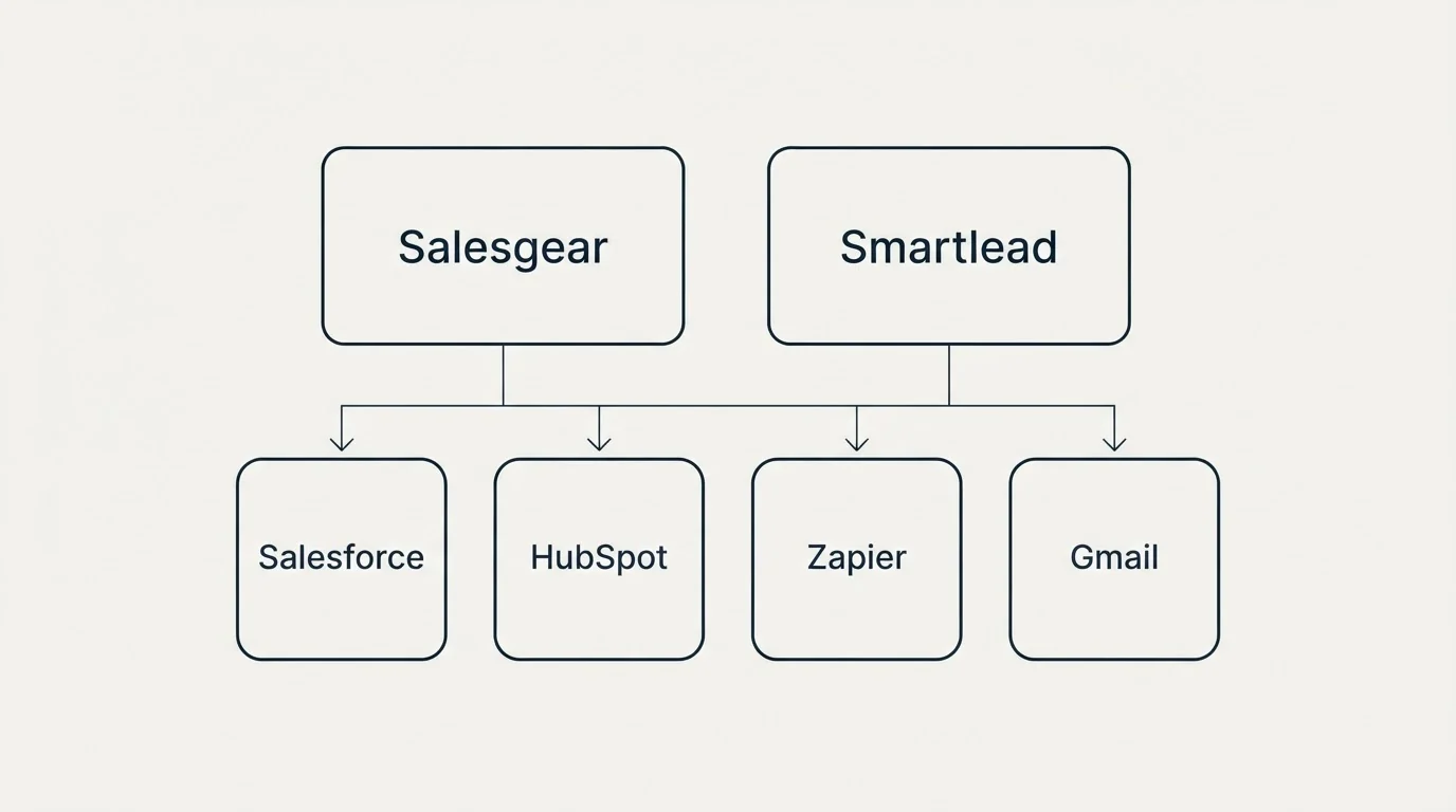 Integration grid: Integration Ecosystem (Salesgear, Smartlead, Salesforce, HubSpot)