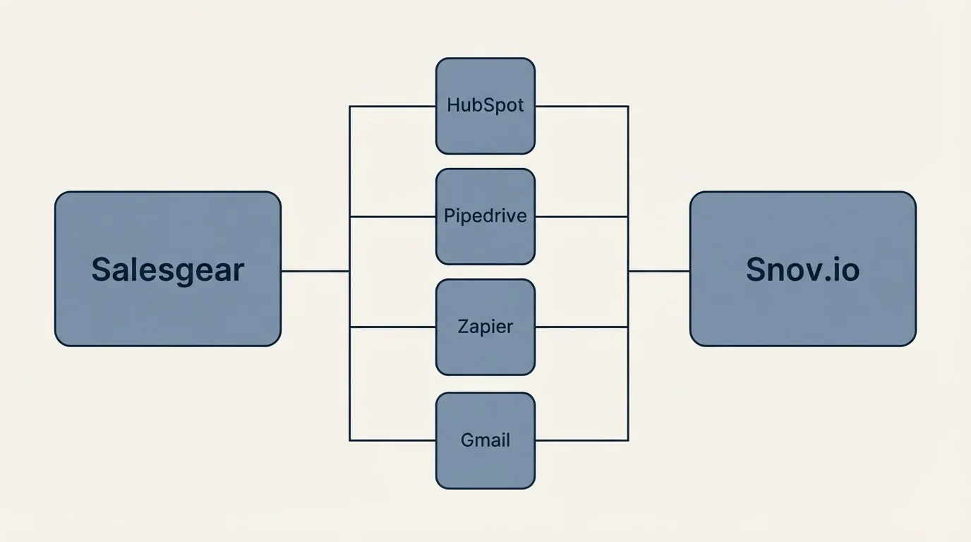 Integration flow: Integration Ecosystem (Salesgear, Snov.io, HubSpot, Pipedrive)