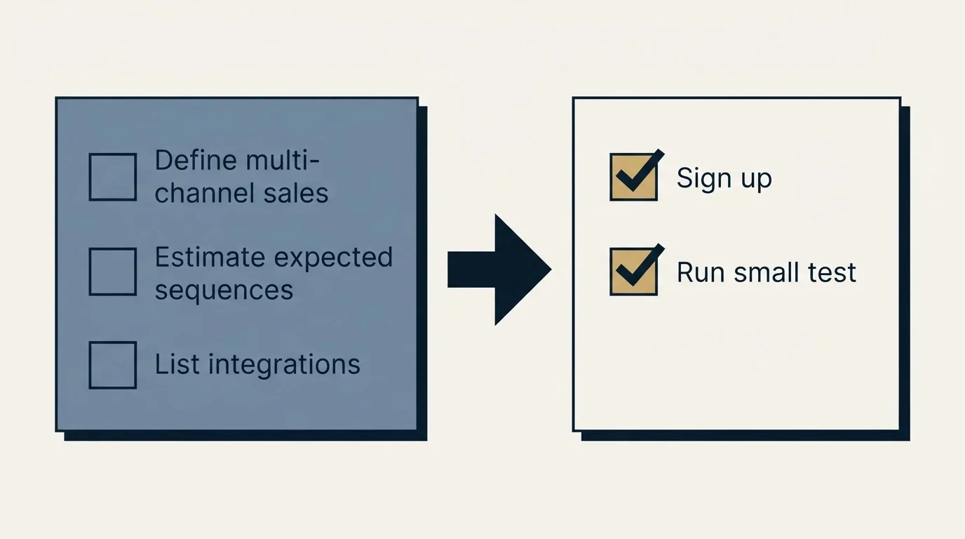Before-and-after steps: Getting Started Checklist (Define multi-channel sales, Estimate expected sequences, List integrations, Sign up)