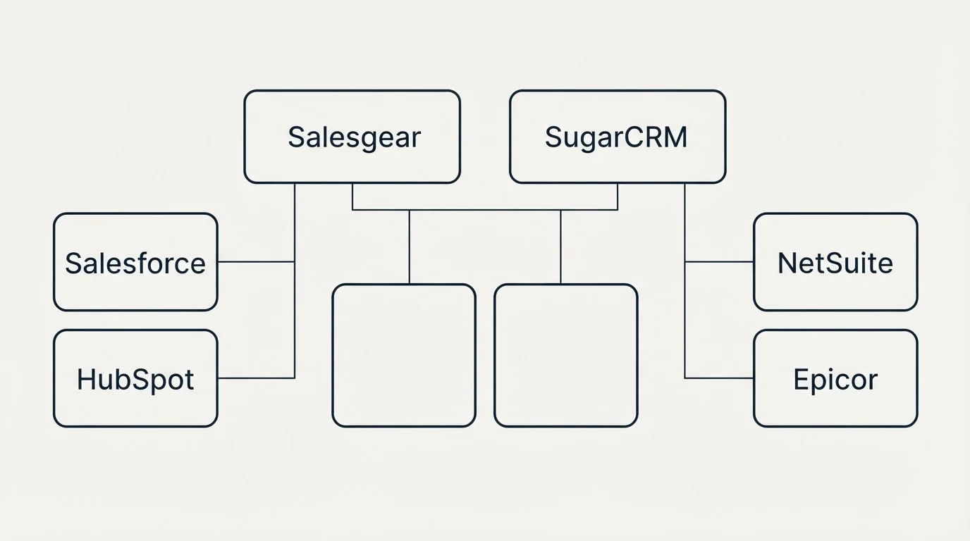Integration grid: Integration Ecosystem (Salesgear, SugarCRM, Salesforce, NetSuite)