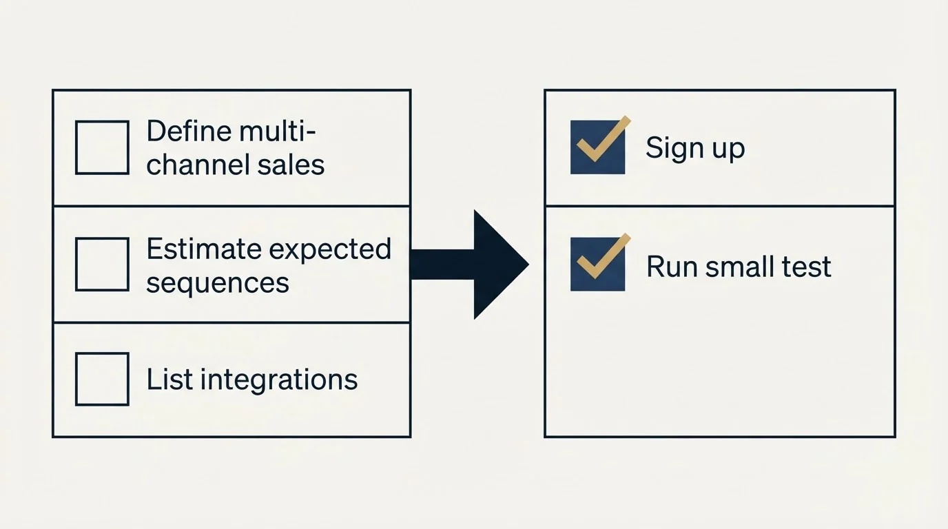 Before-and-after steps: Getting Started Checklist (Define multi-channel sales, Estimate expected sequences, List integrations, Sign up)