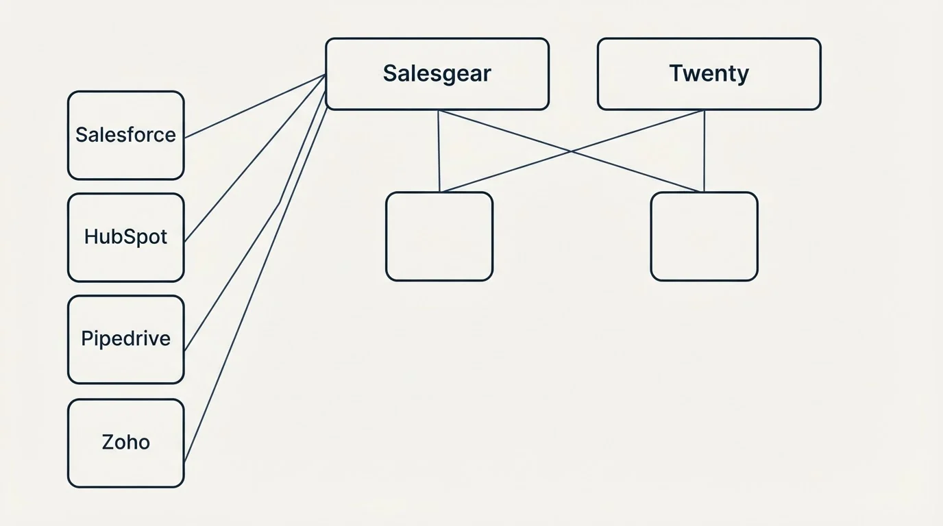 Integration grid: Integration Ecosystem (Salesgear, Twenty, Salesforce, HubSpot)