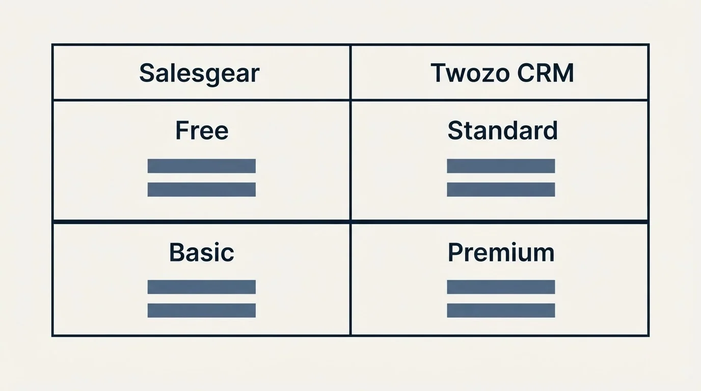 Pricing table: Pricing Comparison (Salesgear, Twozo CRM, Free, Standard)