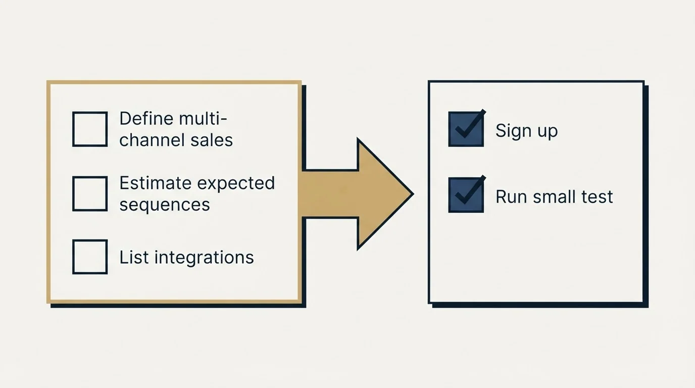 Before-and-after steps: Getting Started Checklist (Define multi-channel sales, Estimate expected sequences, List integrations, Sign up)