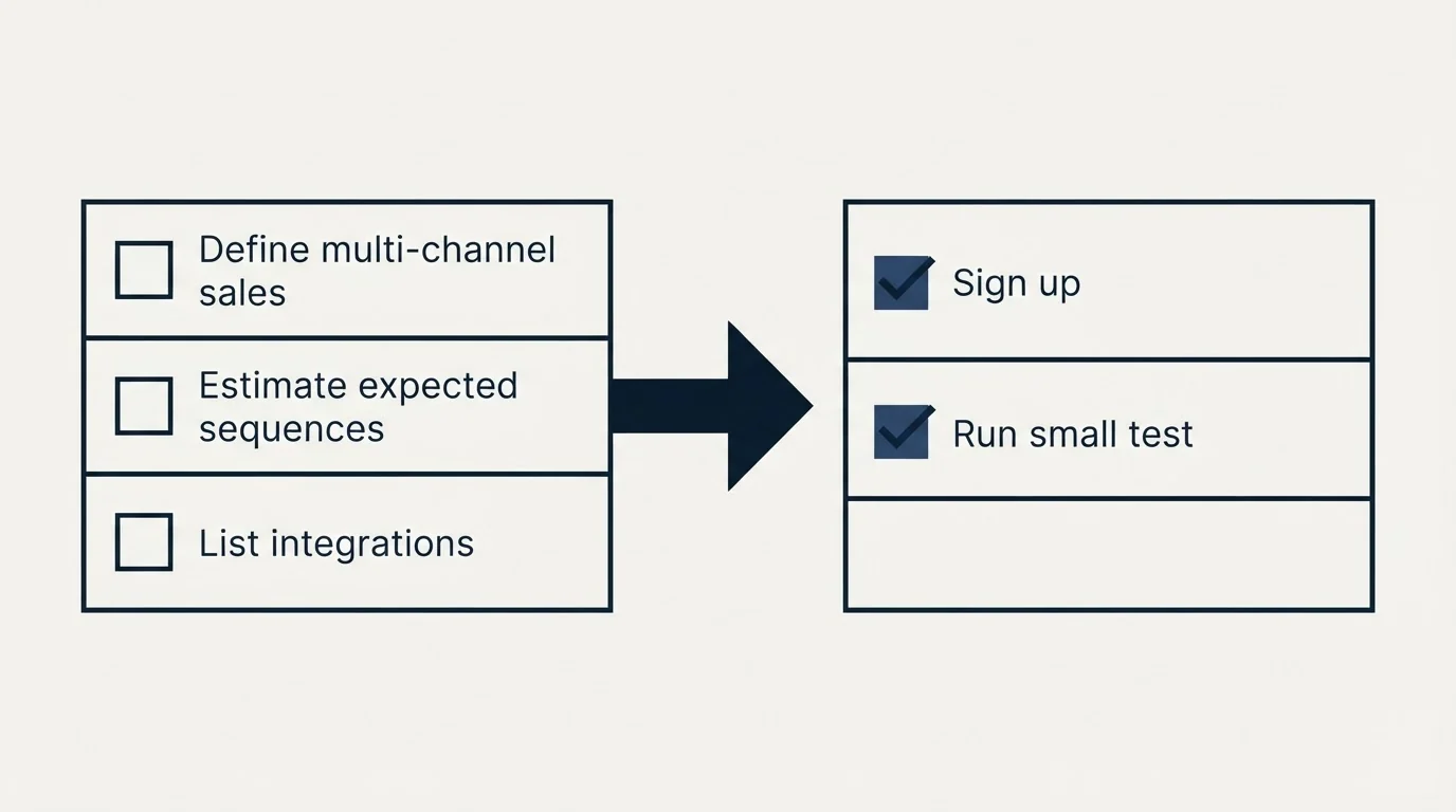 Before-and-after steps: Getting Started Checklist (Define multi-channel sales, Estimate expected sequences, List integrations, Sign up)