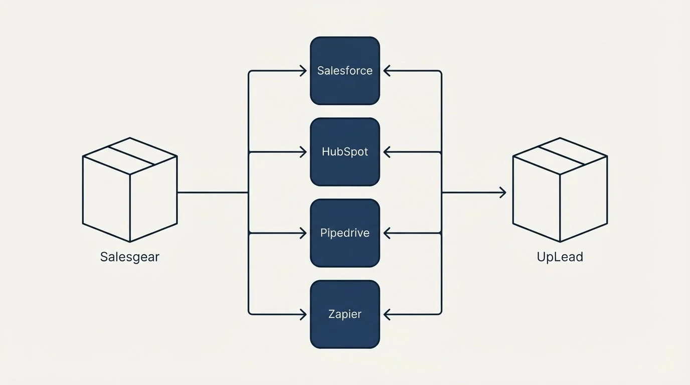 Integration flow: Integration Ecosystem (Salesgear, UpLead, Salesforce, HubSpot)