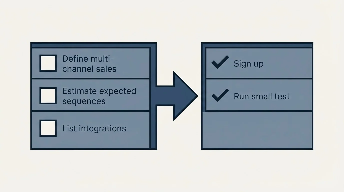 Before-and-after steps: Getting Started Checklist (Define multi-channel sales, Estimate expected sequences, List integrations, Sign up)