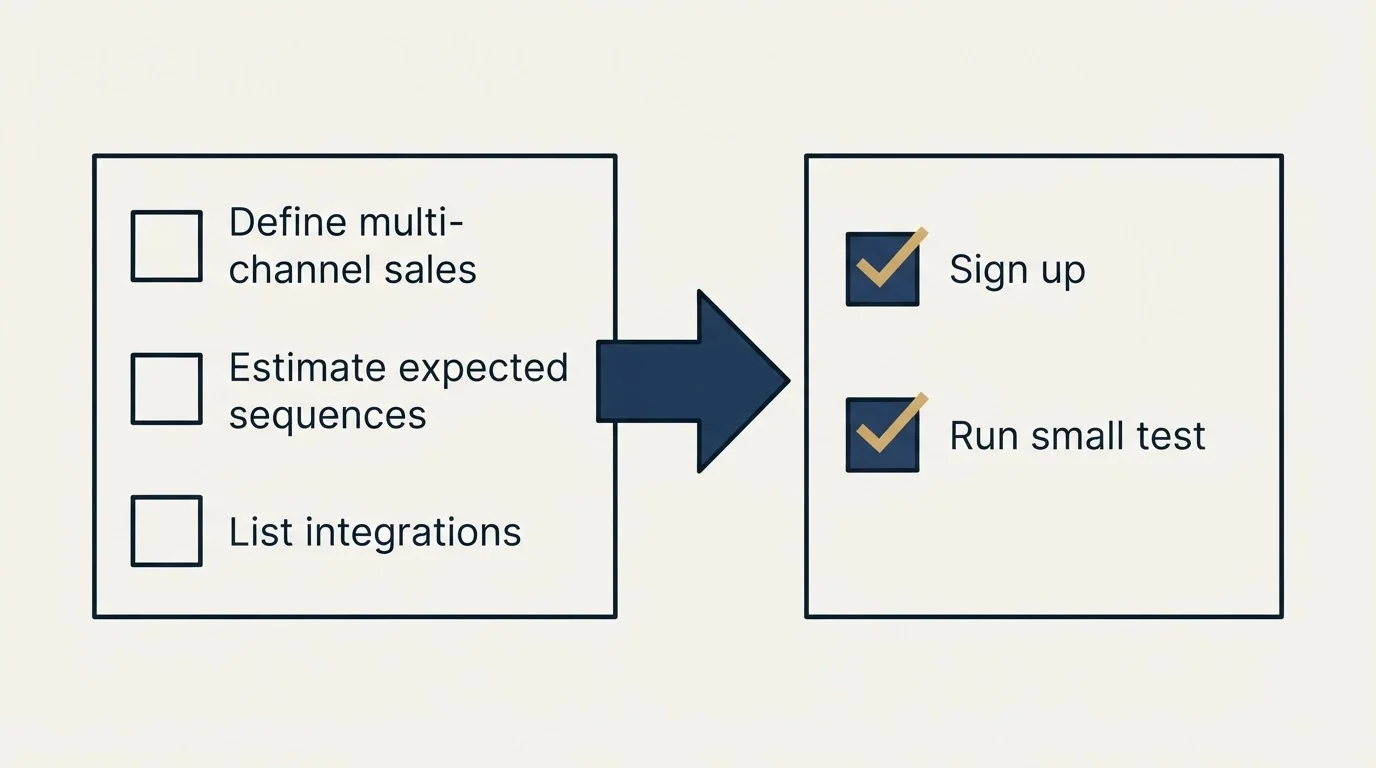 Before-and-after steps: Getting Started Checklist (Define multi-channel sales, Estimate expected sequences, List integrations, Sign up)