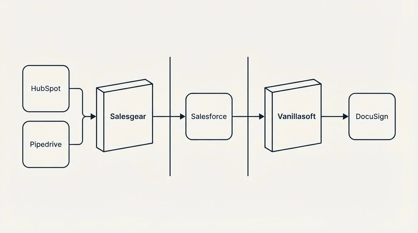 Integration flow: Integration Ecosystem (Salesgear, Vanillasoft, Salesforce, HubSpot)