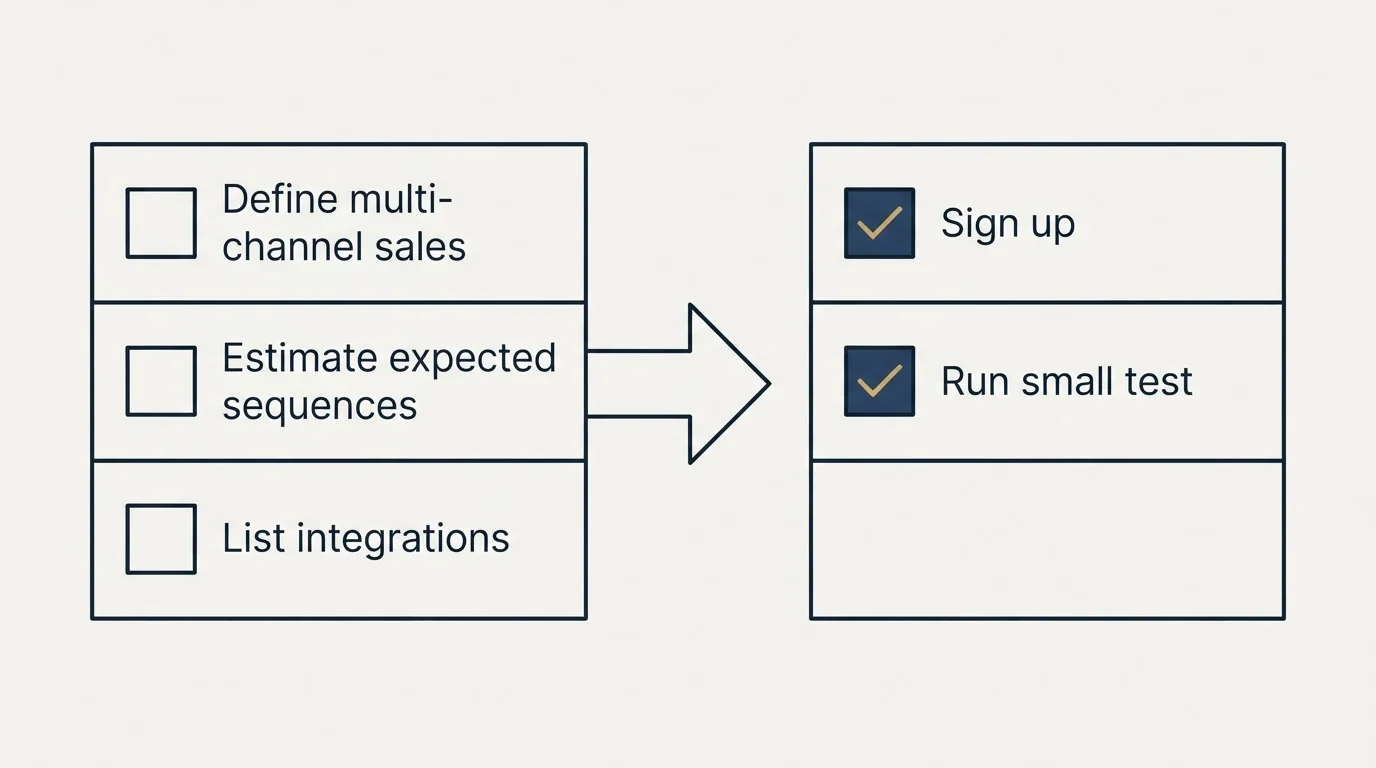 Before-and-after steps: Getting Started Checklist (Define multi-channel sales, Estimate expected sequences, List integrations, Sign up)