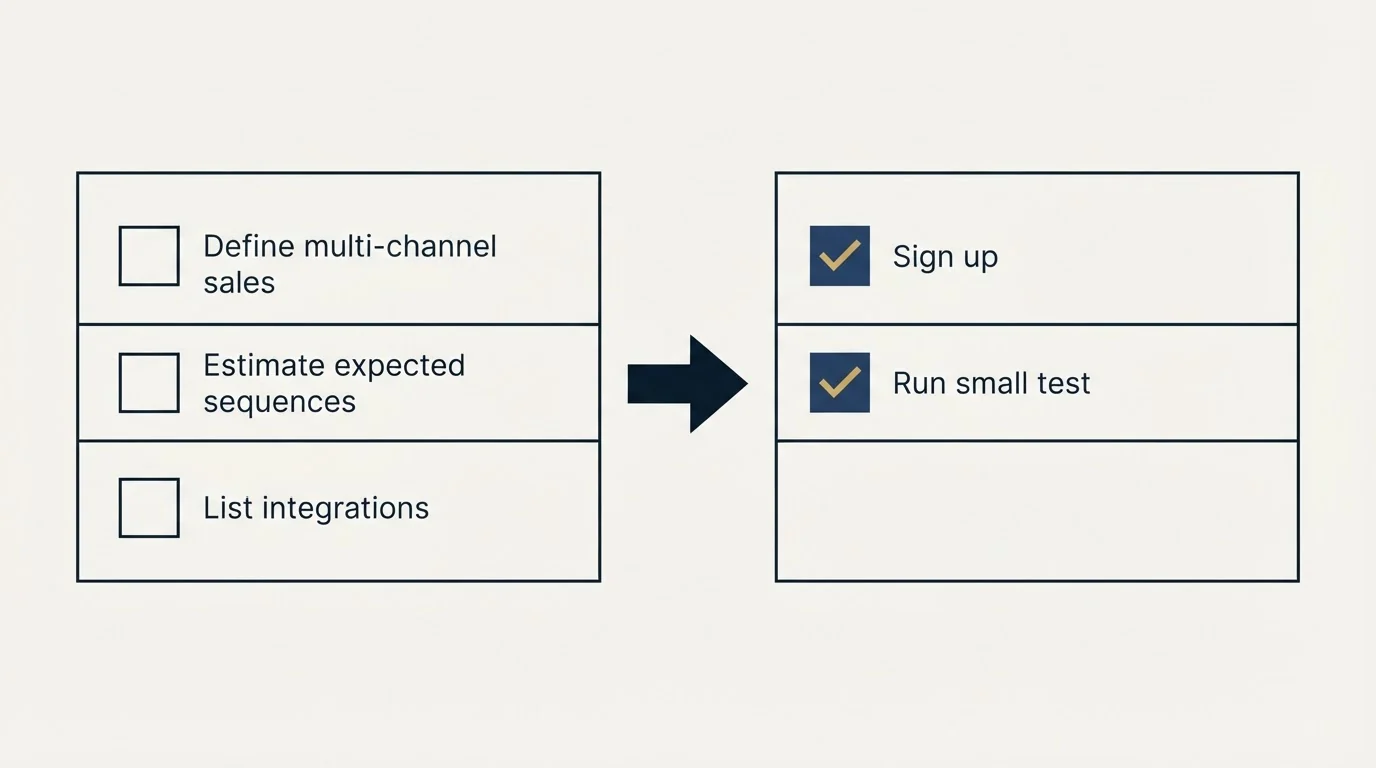 Before-and-after steps: Getting Started Checklist (Define multi-channel sales, Estimate expected sequences, List integrations, Sign up)