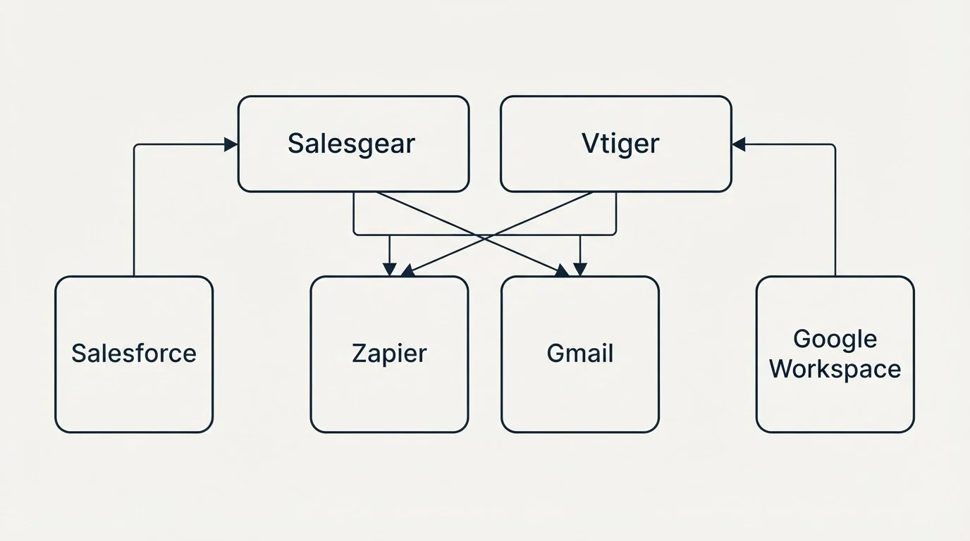 Integration grid: Integration Ecosystem (Salesgear, Vtiger, Zapier, Gmail)