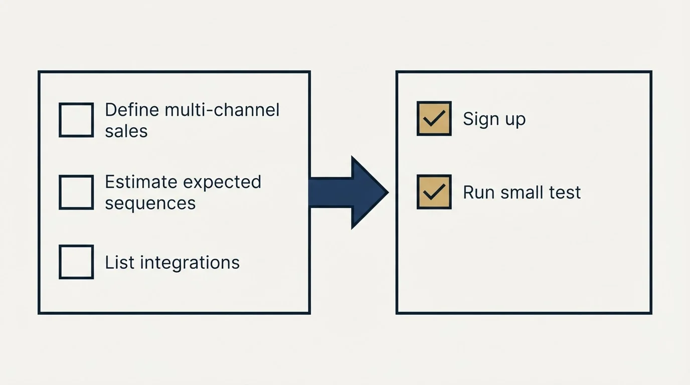 Before-and-after steps: Getting Started Checklist (Define multi-channel sales, Estimate expected sequences, List integrations, Sign up)