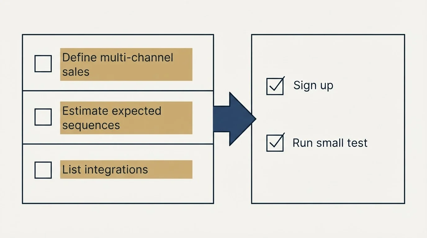 Before-and-after steps: Getting Started Checklist (Define multi-channel sales, Estimate expected sequences, List integrations, Sign up)