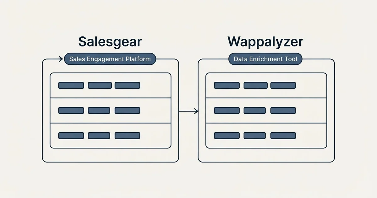 Side-by-side panels: Salesgear vs Wappalyzer (Sales Engagement Platform, Data Enrichment Tool)