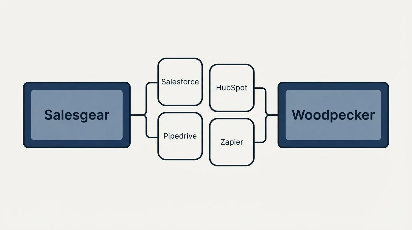 Integration schematic: Integration Ecosystem (Salesgear, Woodpecker, Salesforce, HubSpot)
