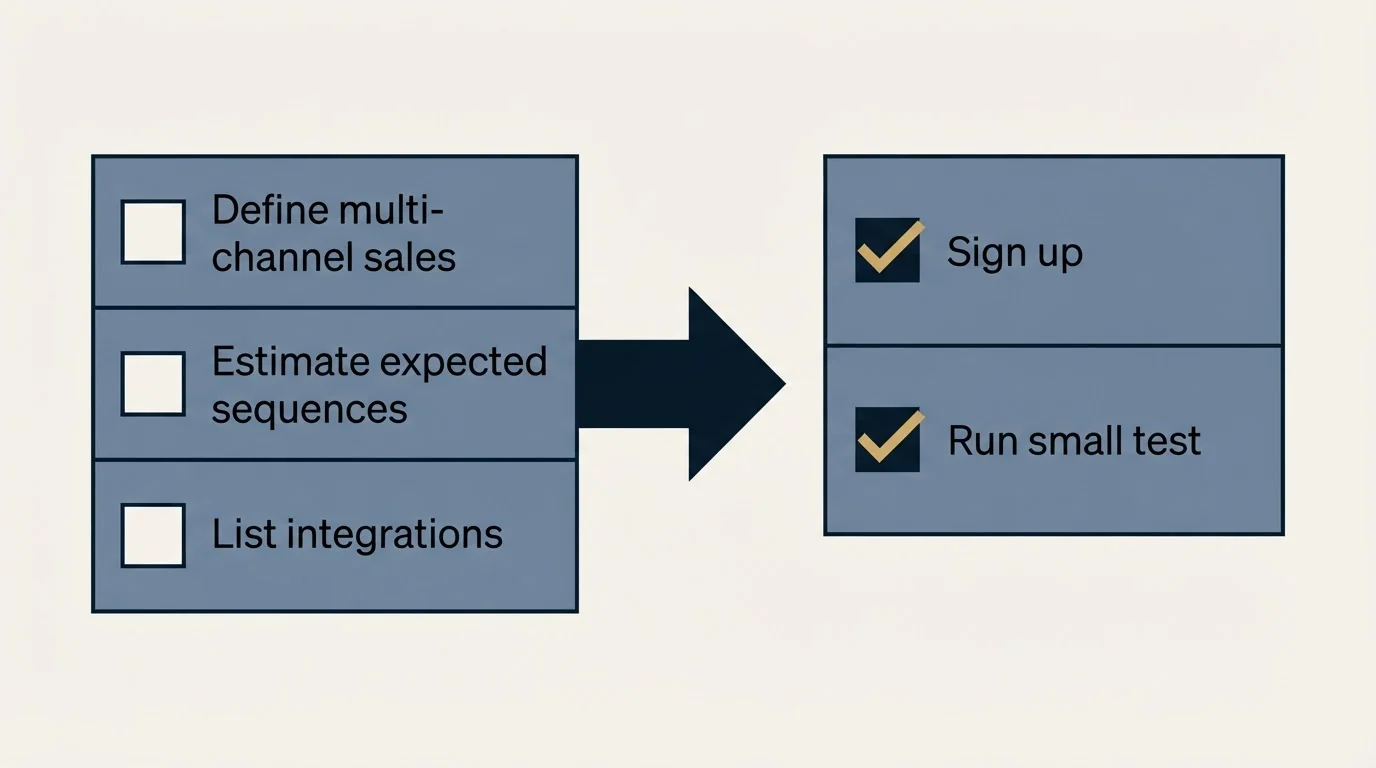 Before-and-after steps: Getting Started Checklist (Define multi-channel sales, Estimate expected sequences, List integrations, Sign up)