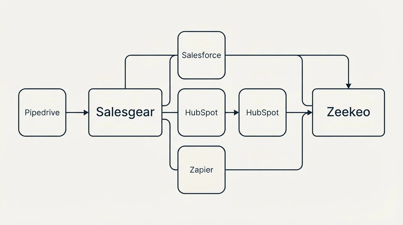 Integration schematic: Integration Ecosystem (Salesgear, Zeekeo, Salesforce, HubSpot)