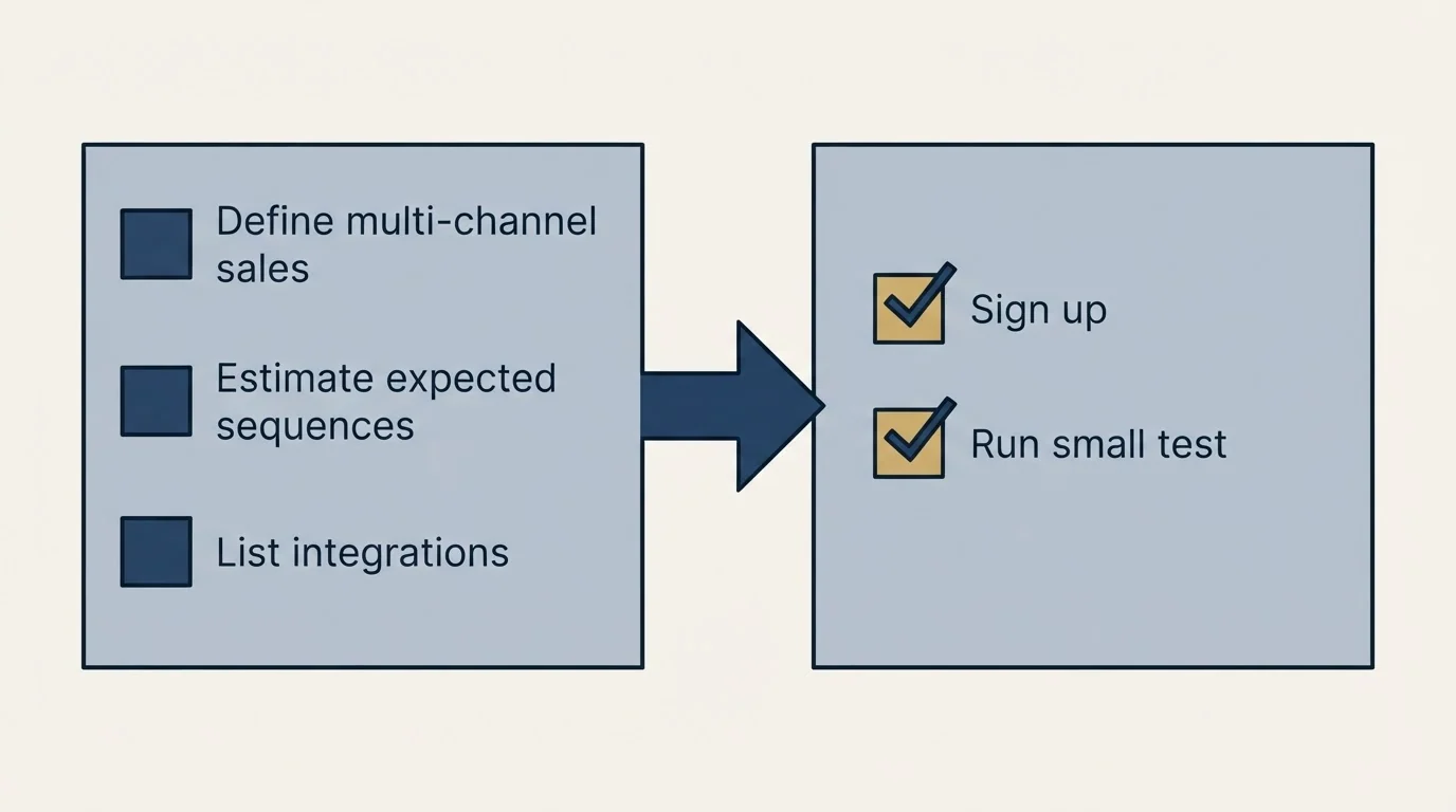 Before-and-after steps: Getting Started Checklist (Define multi-channel sales, Estimate expected sequences, List integrations, Sign up)