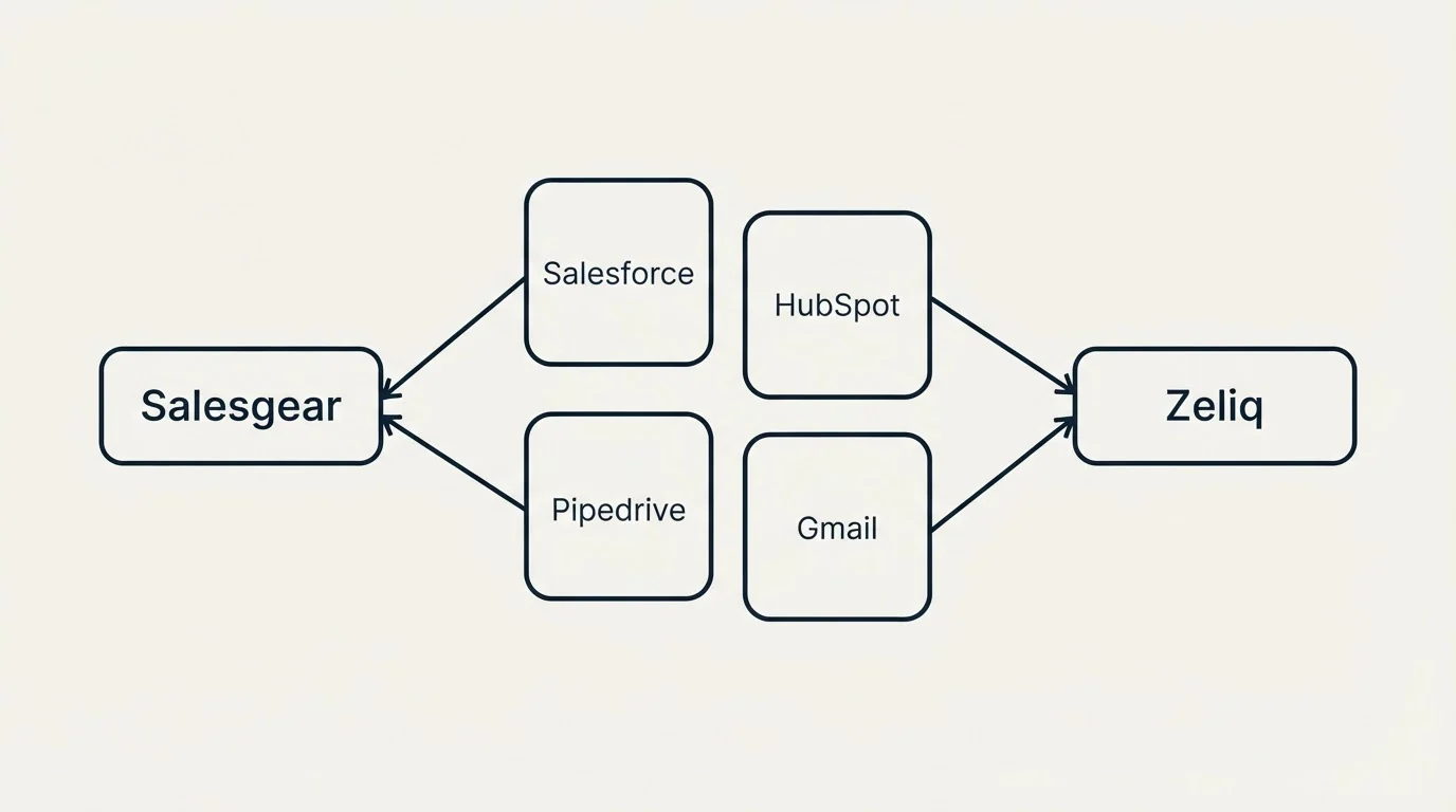 Integration schematic: Integration Ecosystem (Salesgear, Zeliq, Salesforce, HubSpot)