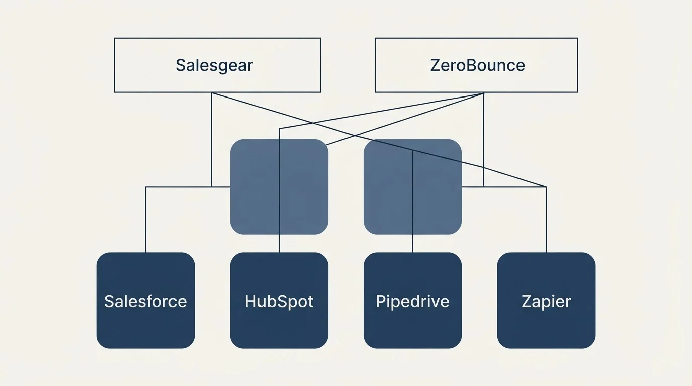 Integration grid: Integration Ecosystem (Salesgear, ZeroBounce, Salesforce, HubSpot)