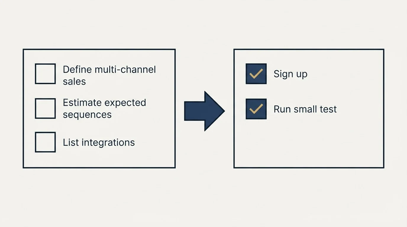 Before-and-after steps: Getting Started Checklist (Define multi-channel sales, Estimate expected sequences, List integrations, Sign up)