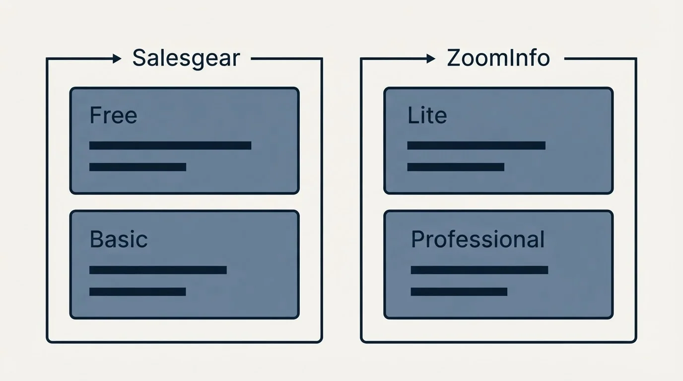 Pricing panels: Pricing Comparison (Salesgear, ZoomInfo, Free, Lite)