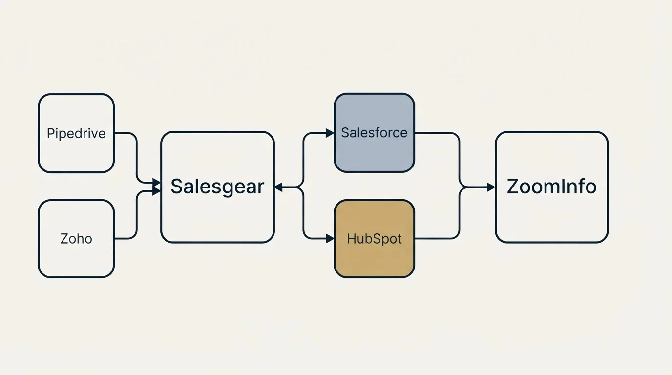 Integration schematic: Integration Ecosystem (Salesgear, ZoomInfo, Salesforce, HubSpot)