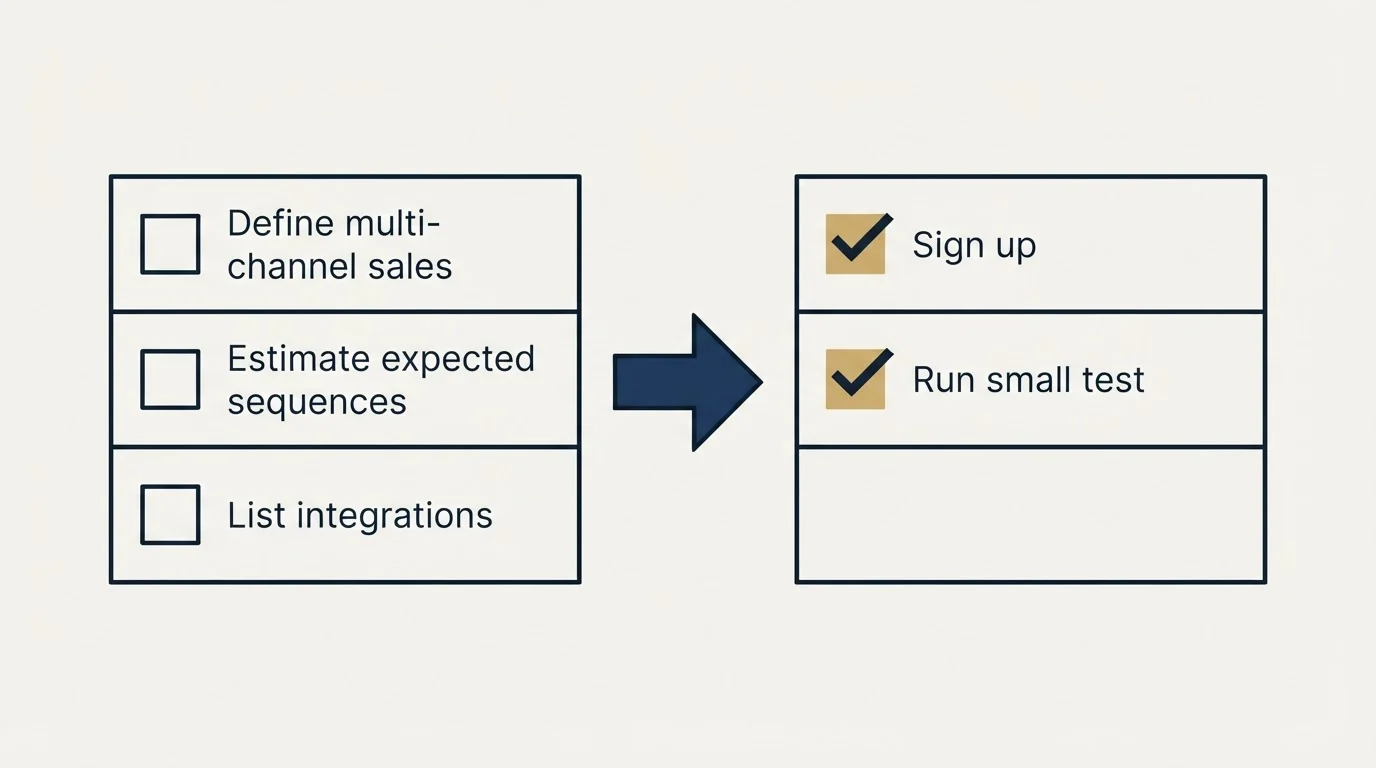 Before-and-after steps: Getting Started Checklist (Define multi-channel sales, Estimate expected sequences, List integrations, Sign up)