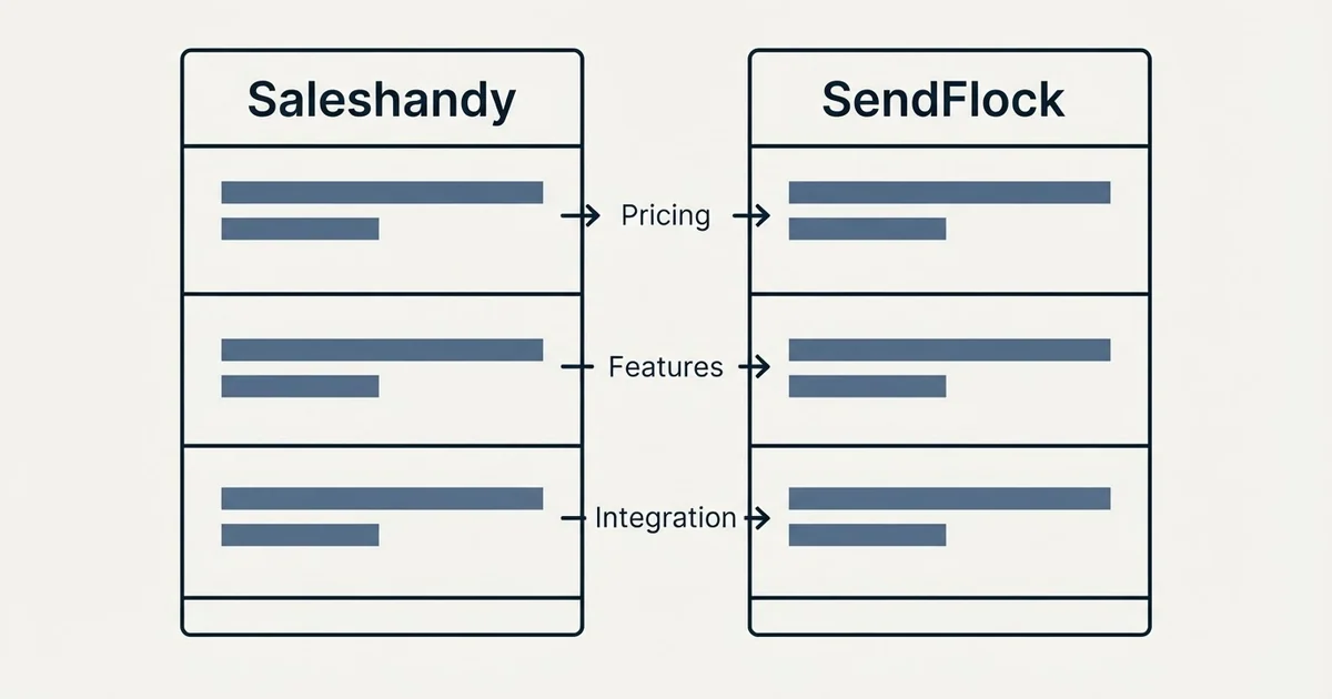 Comparison panel: Saleshandy vs SendFlock (Pricing, Features, Integration)