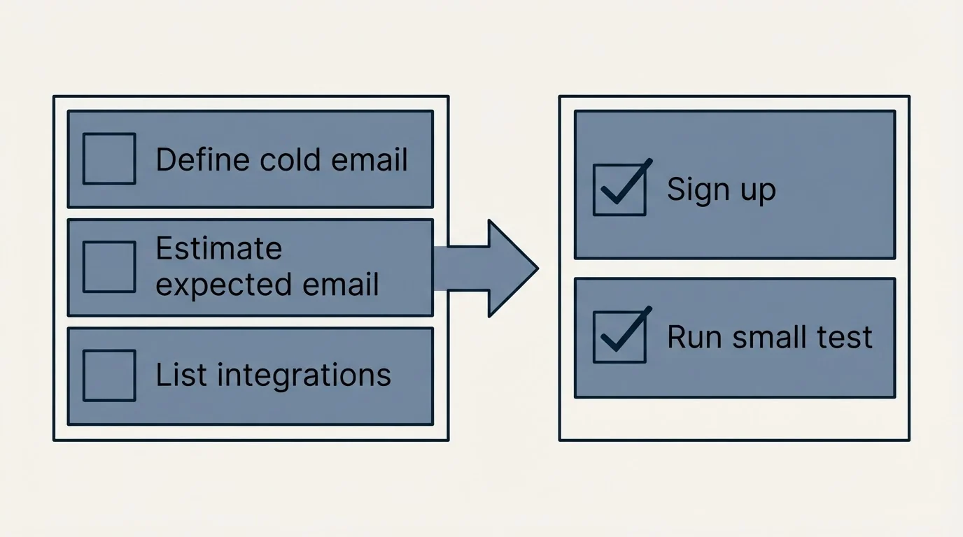 Before-and-after steps: Getting Started Checklist (Define cold email, Estimate expected email, List integrations, Sign up)