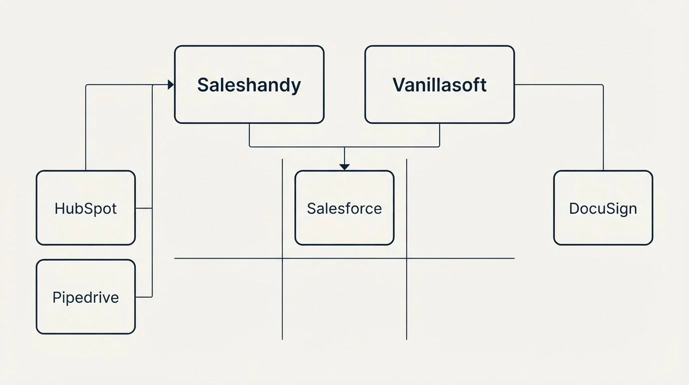 Integration grid: Integration Ecosystem (Saleshandy, Vanillasoft, Salesforce, HubSpot)