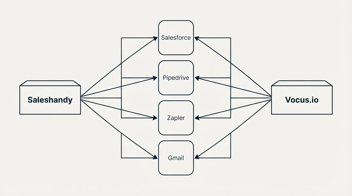 Integration flow: Integration Ecosystem (Saleshandy, Vocus.io, Salesforce, Pipedrive)