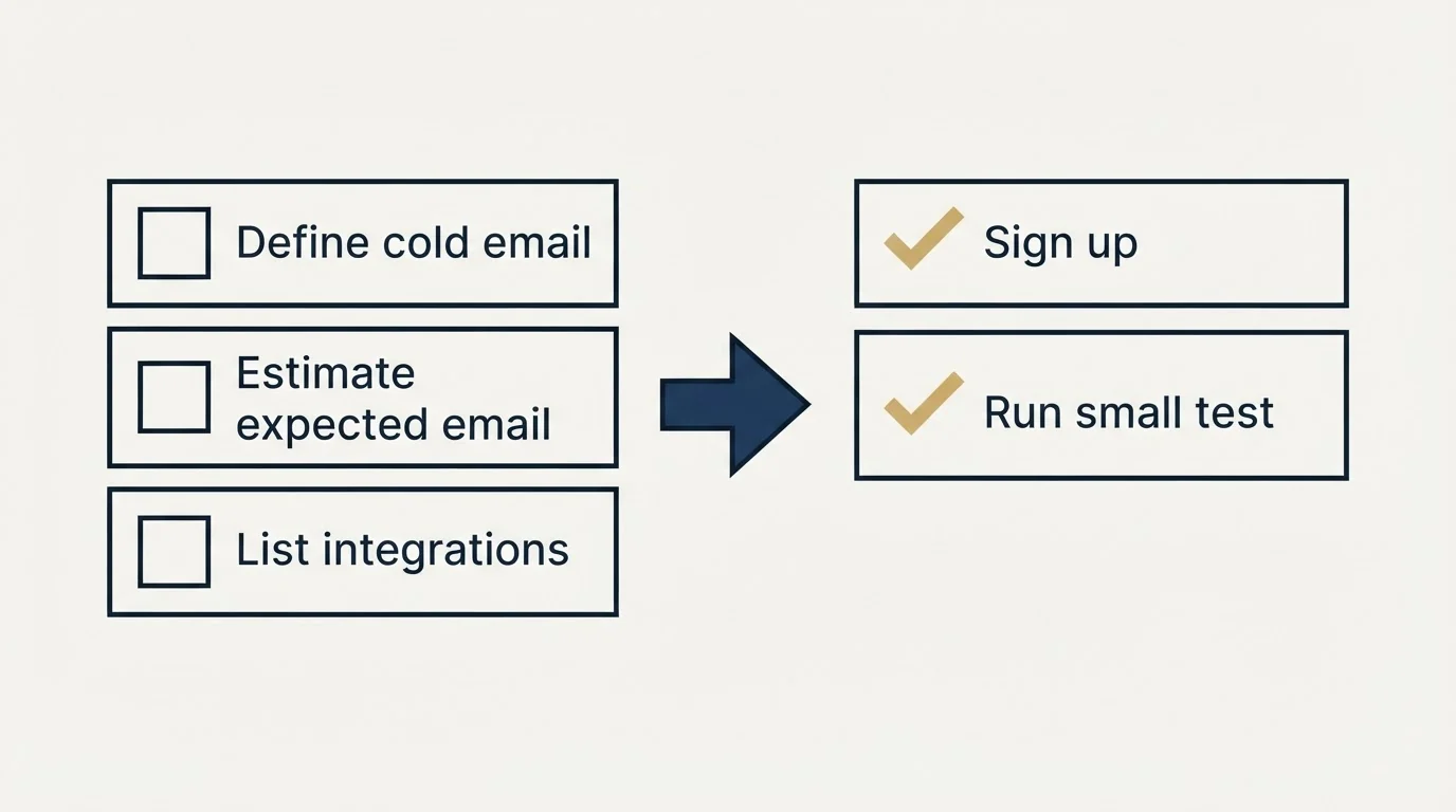Before-and-after steps: Getting Started Checklist (Define cold email, Estimate expected email, List integrations, Sign up)