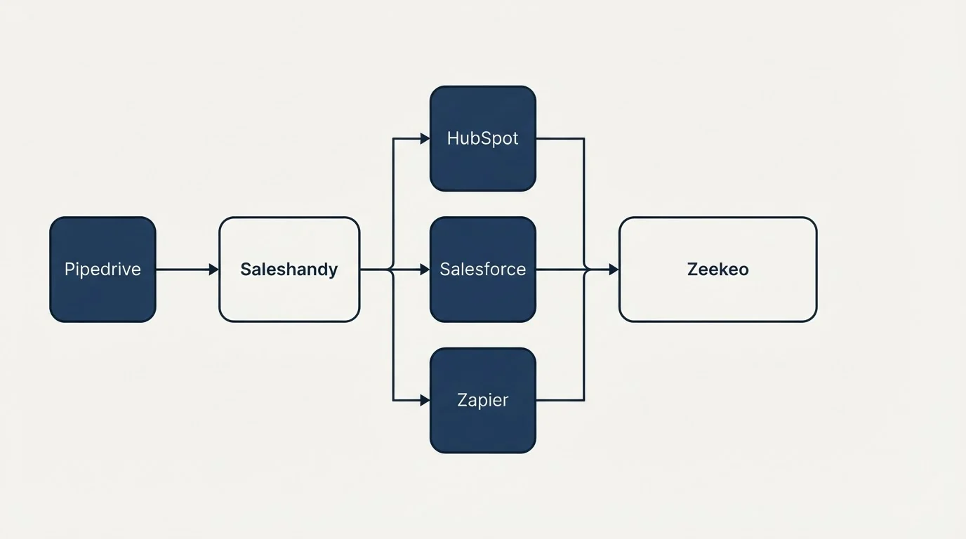 Integration flow: Integration Ecosystem (Saleshandy, Zeekeo, HubSpot, Salesforce)