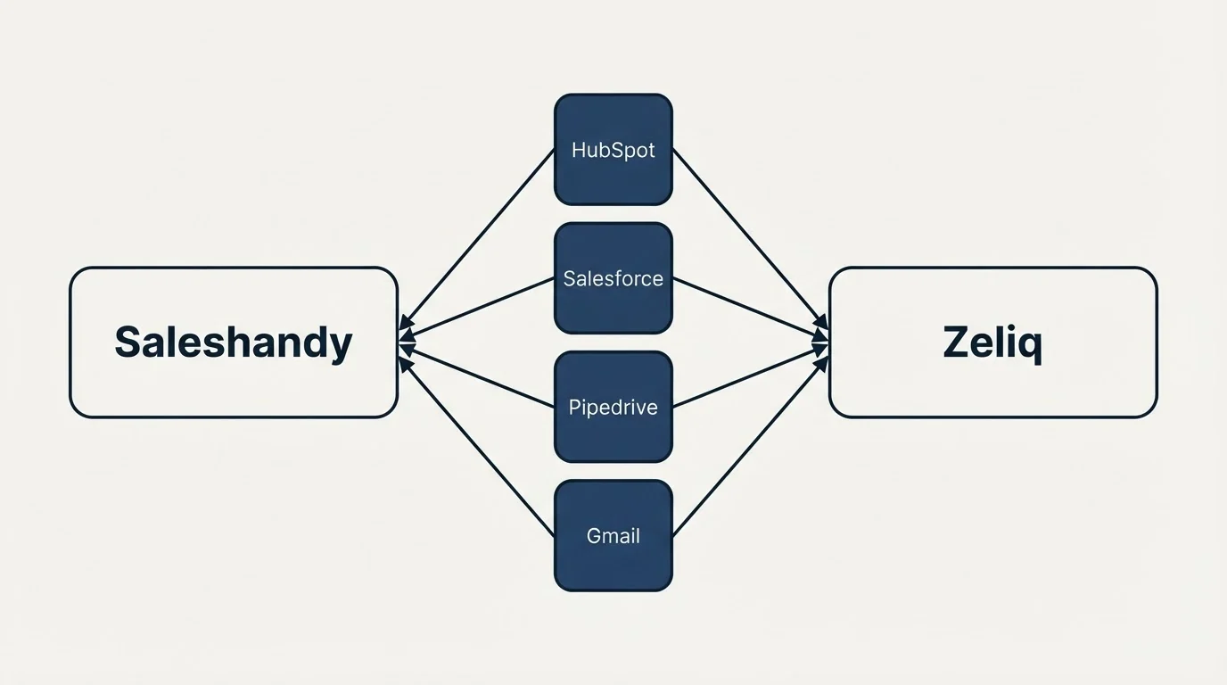 Integration schematic: Integration Ecosystem (Saleshandy, Zeliq, HubSpot, Salesforce)