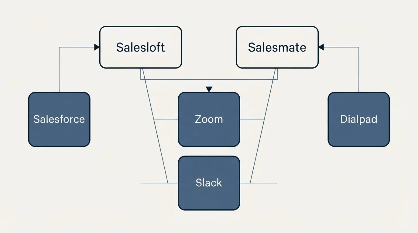 Integration grid: Integration Ecosystem (Salesloft, Salesmate, Zoom, Slack)