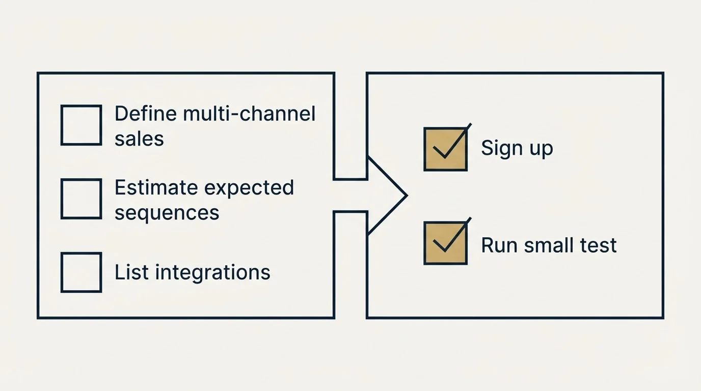Before-and-after steps: Getting Started Checklist (Define multi-channel sales, Estimate expected sequences, List integrations, Sign up)