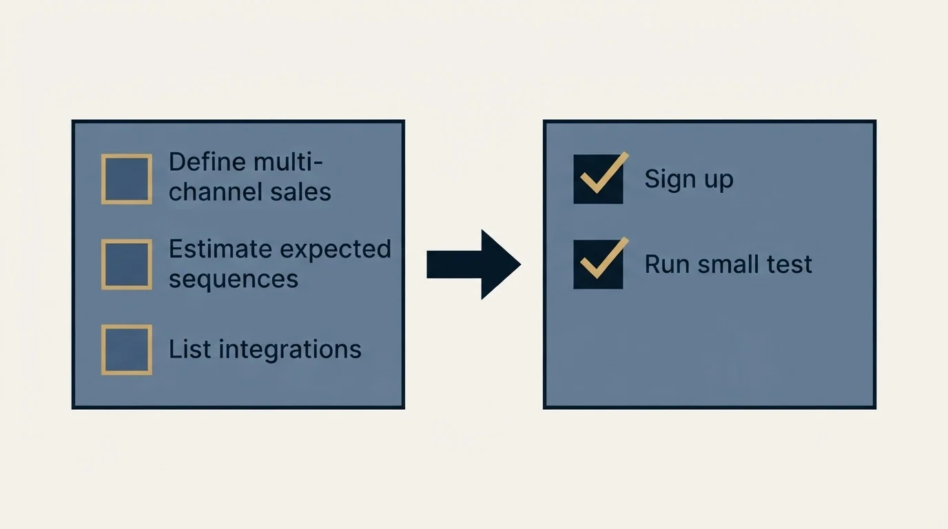 Before-and-after steps: Getting Started Checklist (Define multi-channel sales, Estimate expected sequences, List integrations, Sign up)