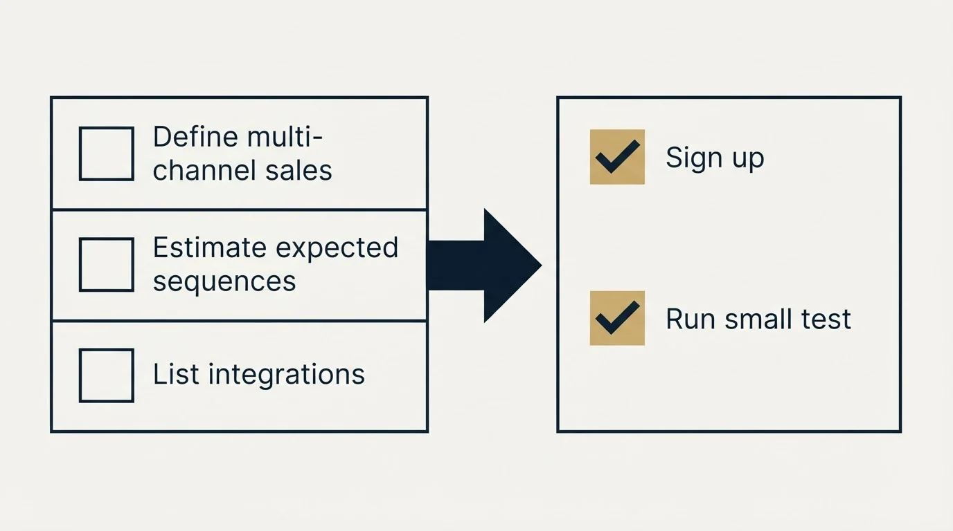 Before-and-after steps: Getting Started Checklist (Define multi-channel sales, Estimate expected sequences, List integrations, Sign up)