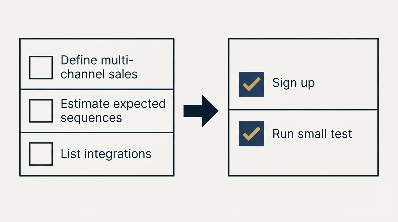 Before-and-after steps: Getting Started Checklist (Define multi-channel sales, Estimate expected sequences, List integrations, Sign up)