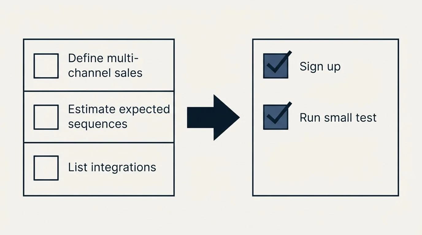 Before-and-after steps: Getting Started Checklist (Define multi-channel sales, Estimate expected sequences, List integrations, Sign up)