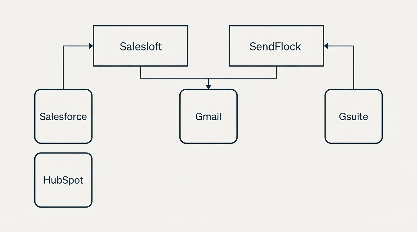 Integration grid: Integration Ecosystem (Salesloft, SendFlock, Gmail, Salesforce)