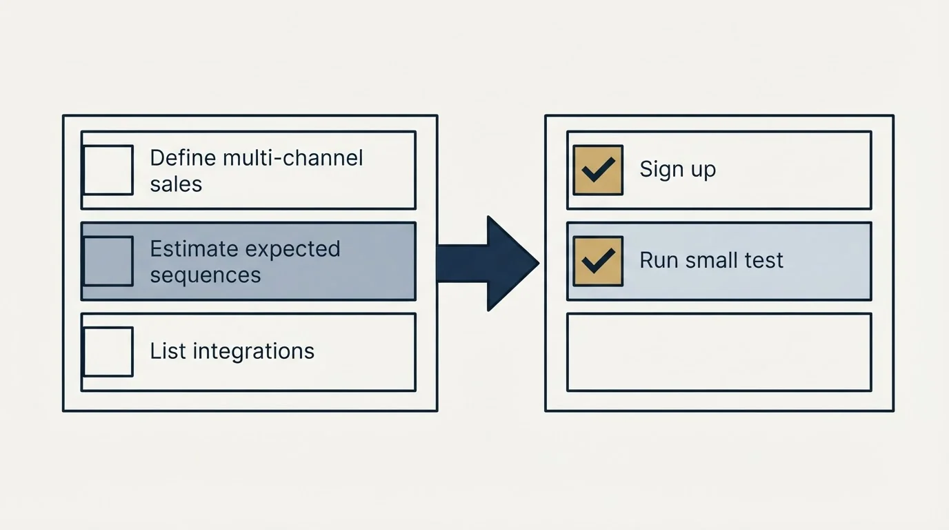 Before-and-after steps: Getting Started Checklist (Define multi-channel sales, Estimate expected sequences, List integrations, Sign up)