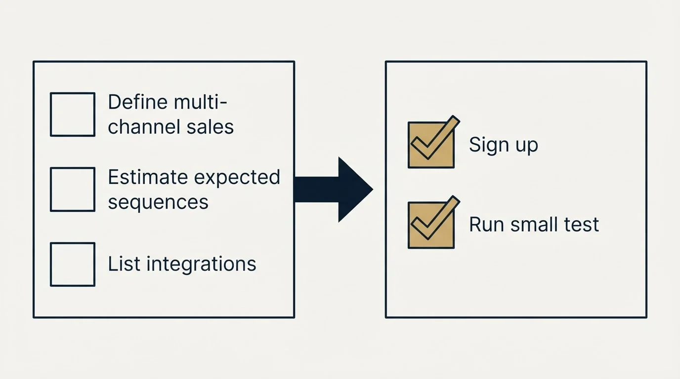 Before-and-after steps: Getting Started Checklist (Define multi-channel sales, Estimate expected sequences, List integrations, Sign up)