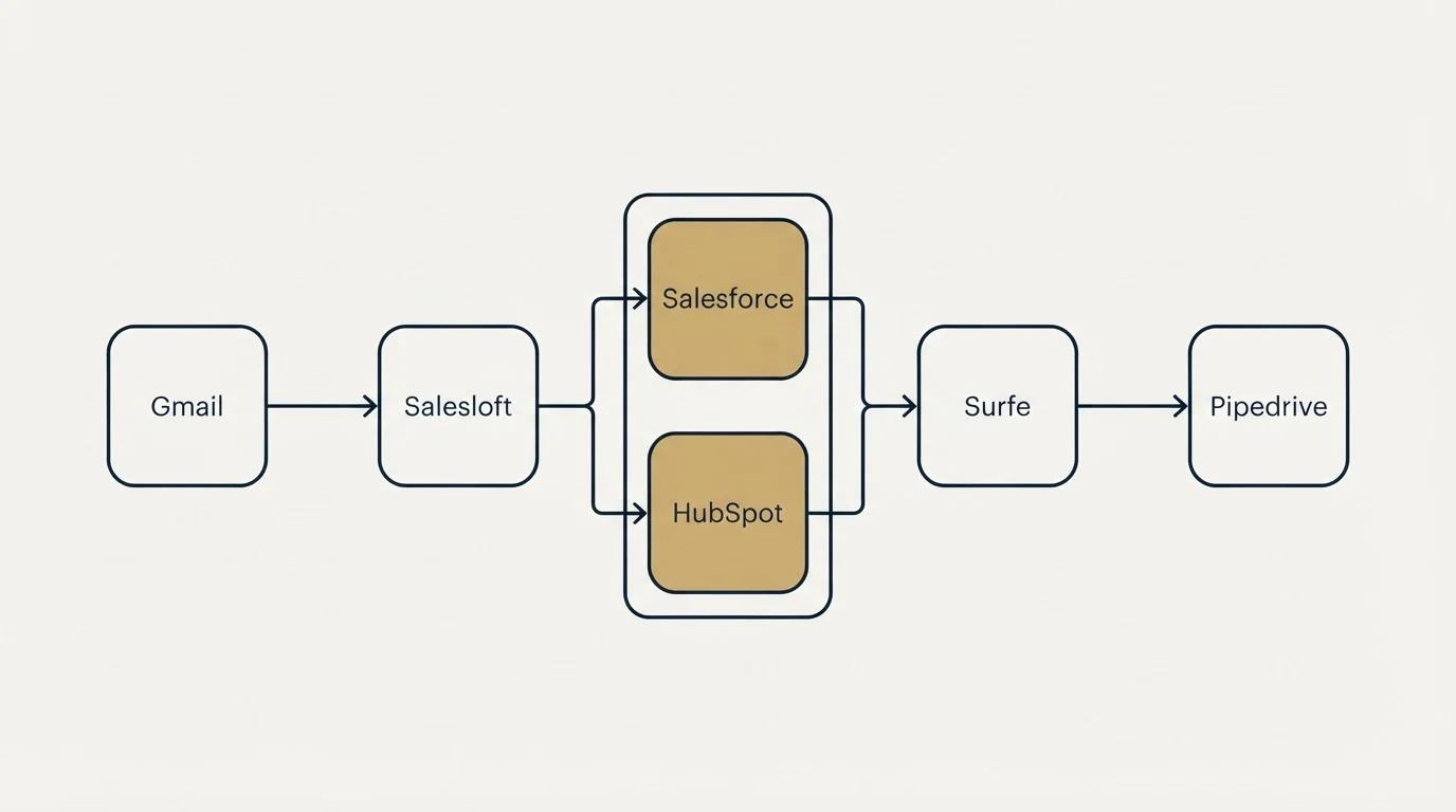 Integration flow: Integration Ecosystem (Salesloft, Surfe, Salesforce, HubSpot)