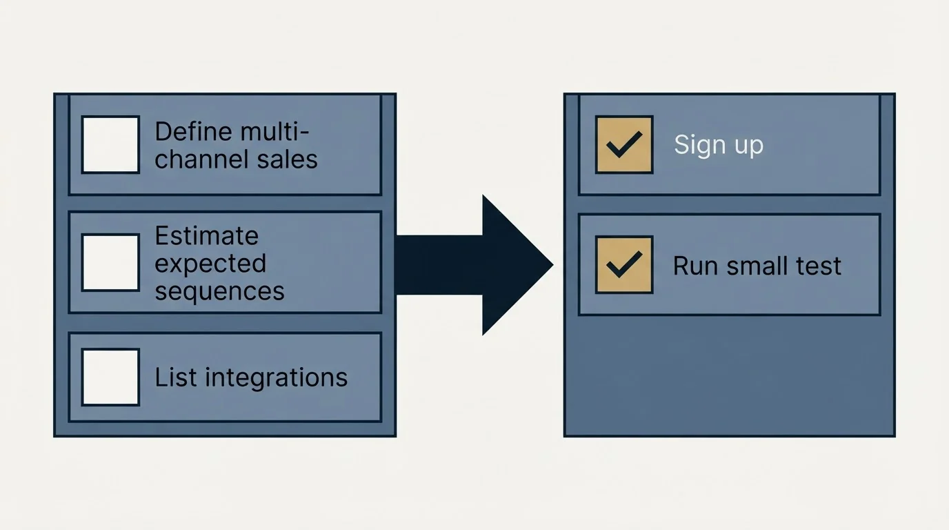 Before-and-after steps: Getting Started Checklist (Define multi-channel sales, Estimate expected sequences, List integrations, Sign up)