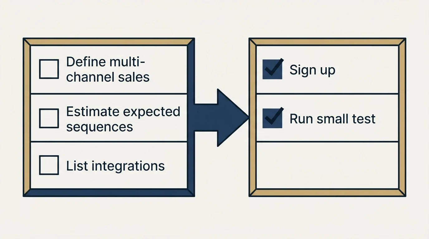 Before-and-after steps: Getting Started Checklist (Define multi-channel sales, Estimate expected sequences, List integrations, Sign up)