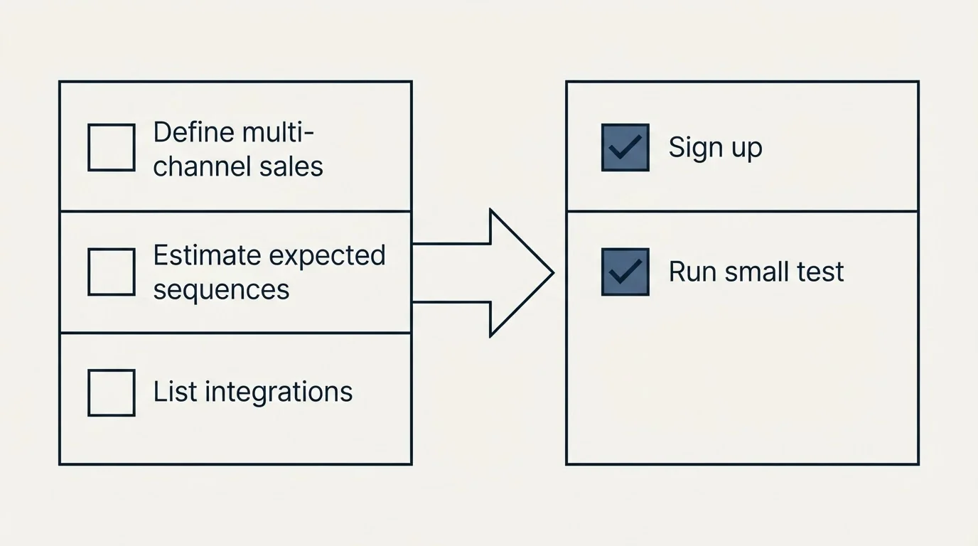 Before-and-after steps: Getting Started Checklist (Define multi-channel sales, Estimate expected sequences, List integrations, Sign up)