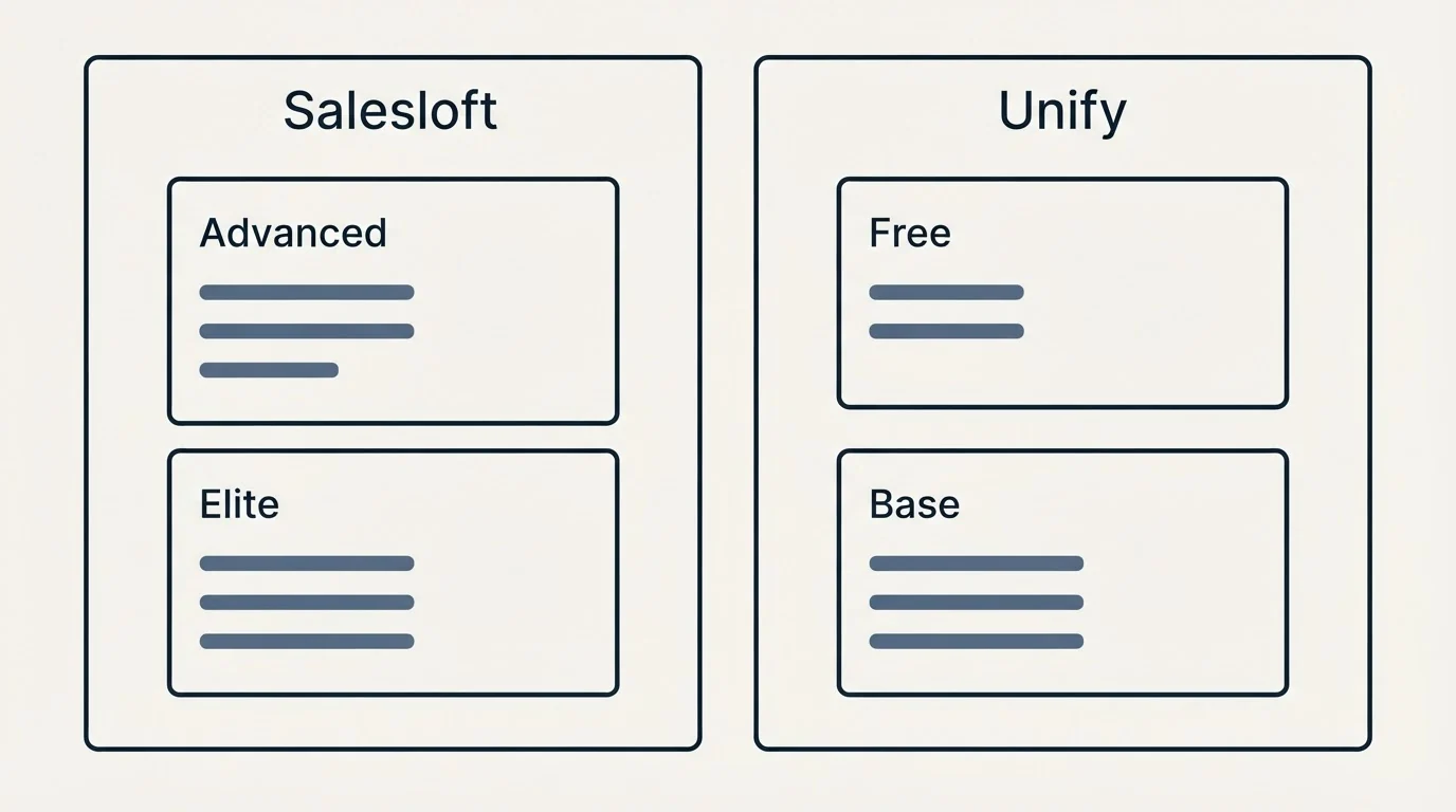 Pricing panels: Pricing Comparison (Salesloft, Unify, Advanced, Free)